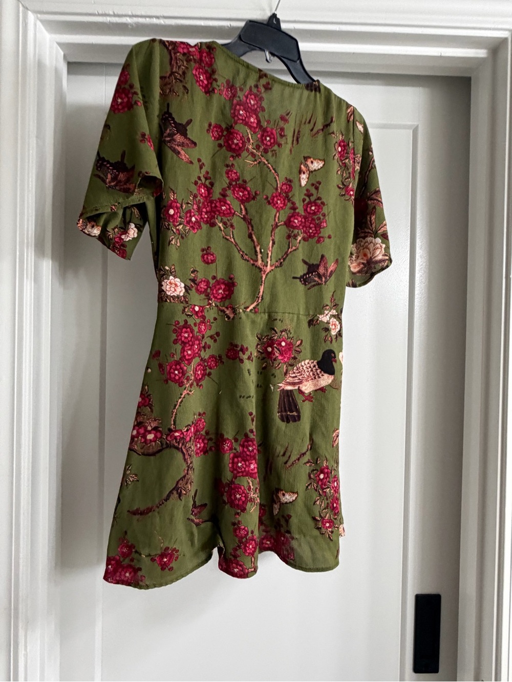 entro Olive Green Floral Wrap Romper with Pink Flowers - Picture 3 of 4